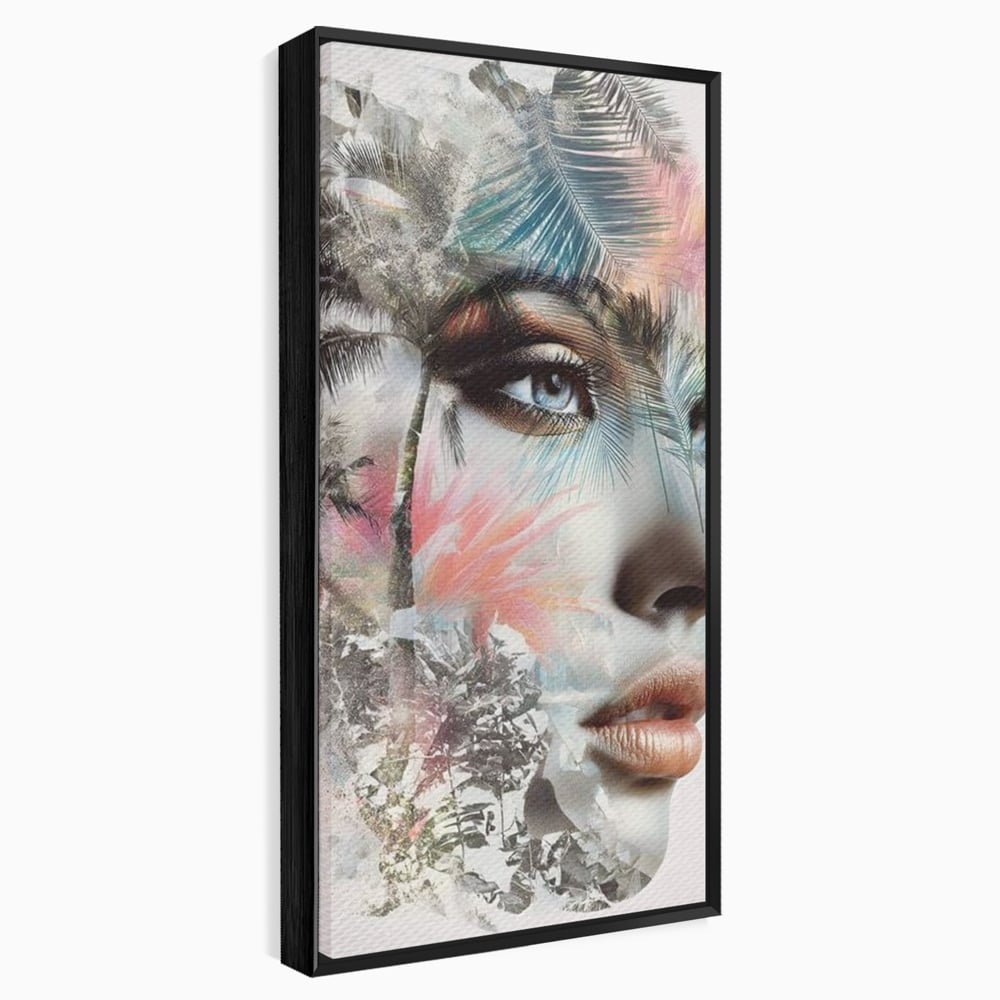 Tablou canvas cu tablou canvas cu portret feminin si palmieri, in rama de aluminiu negru